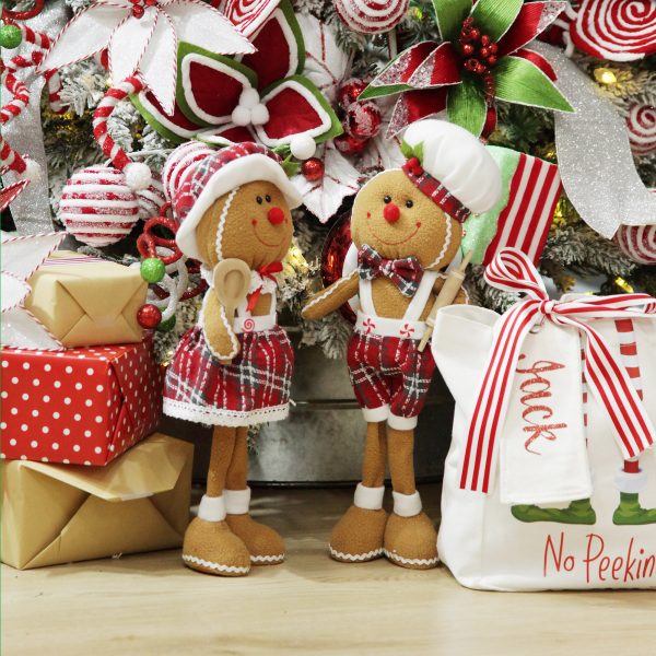 Peppermint Candy Christmas Bendable Plush Standing Girl and Boy Gingerbread Ornament