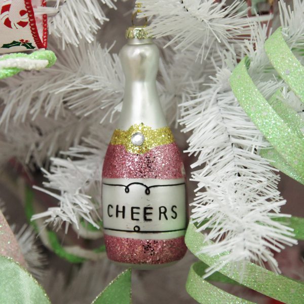 Peppermint Candy Christmas Champagne Bottle Pink Glitter Bubbly Glass Tree Decoration