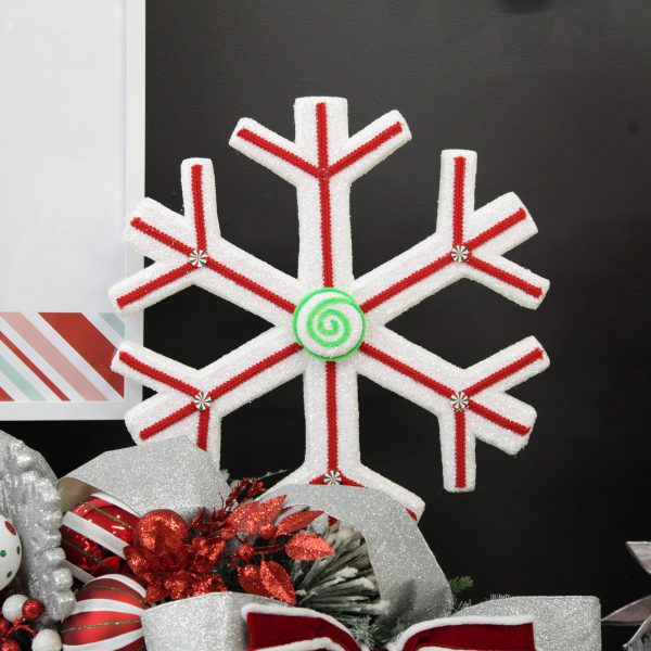 Peppermint Candy Christmas Extra Large White Snowflake with Red Lolly Trim Square