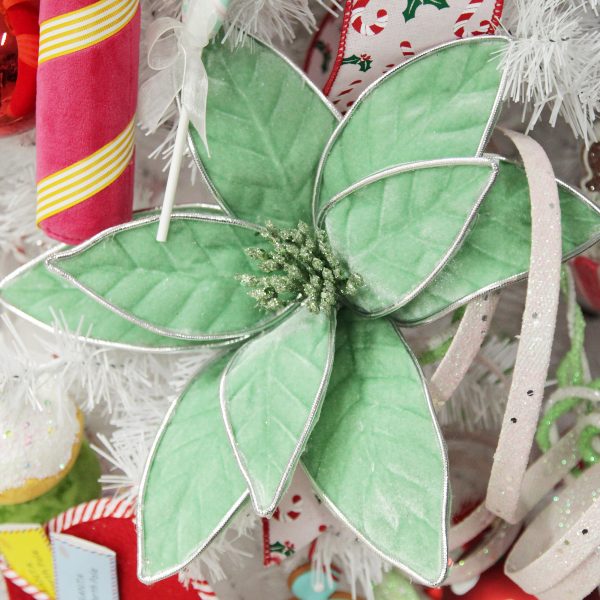Peppermint Candy Christmas Mint Velvet Flower Stem with Silver Trim