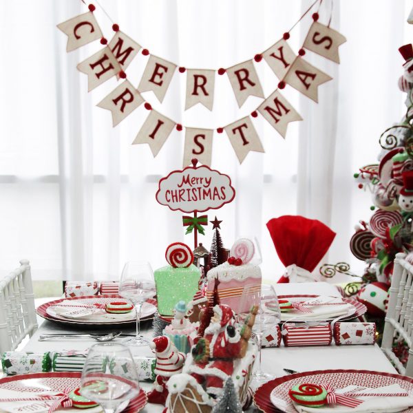 Peppermint Candy Christmas Natural Linen and Red Merry Christmas Bunting with Pom Poms