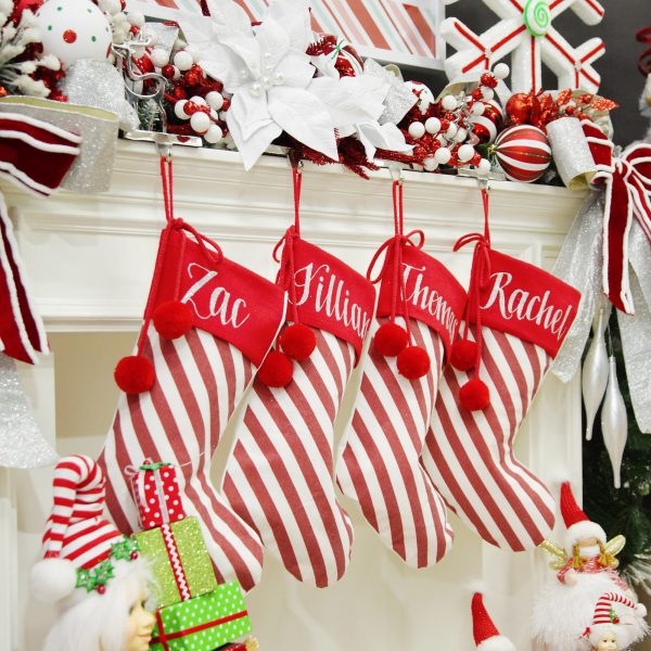Peppermint Candy Christmas Personalised Candy Cane Stripe Christmas Stockings on Mantle