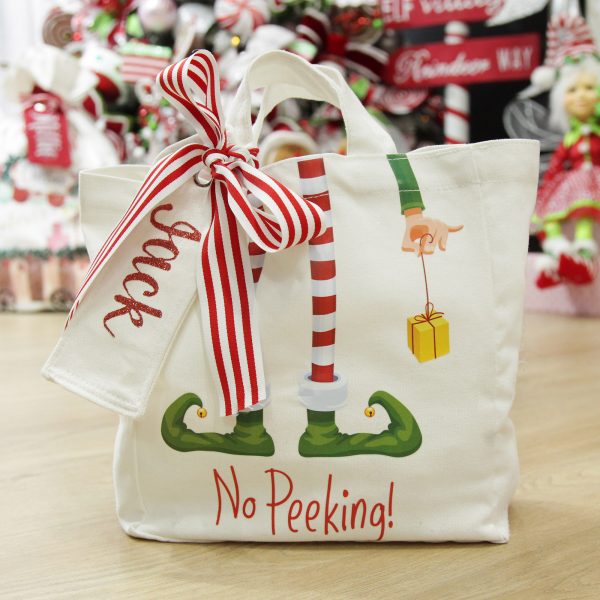 Peppermint Candy Christmas Personalised Elf No Peaking Christmas Tote Bag