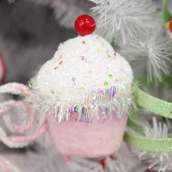 Peppermint Candy Christmas Pink Cupcake with Frosting and Sprinkles Decoration