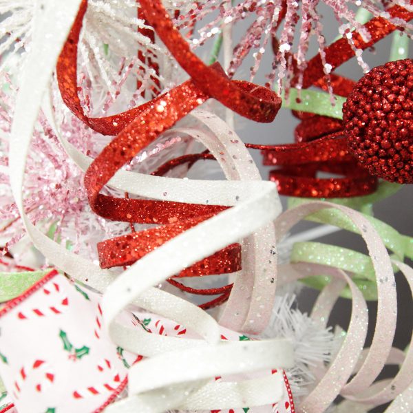 Peppermint Candy Christmas Red and White Glitter Curly Ribbon Christmas Pick