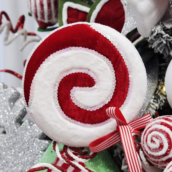 Peppermint Candy Christmas Red and White Velvet Lollipop Christmas Pick