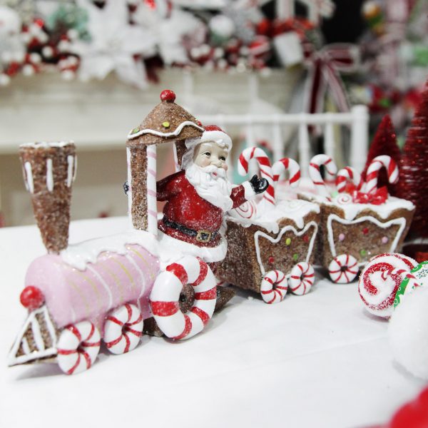 Peppermint Candy Christmas Santa in Gingerbread Train Christmas Ornament