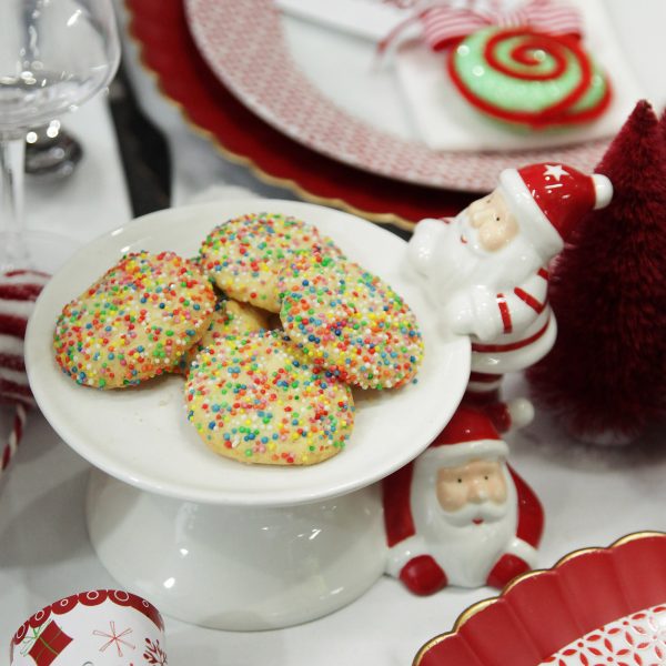 Peppermint Candy Christmas Small White Ceramic Cake Stand with Fun Santa Ornaments