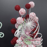 Peppermint Candy Christmas Tree Topper Frosted Candy Cane Ball Pick