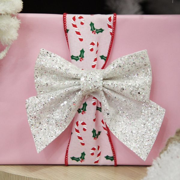 Peppermint Candy Christmas White Glittler Bow Clip Set of 2