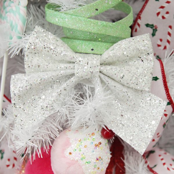 Peppermint Candy Christmas White Glitter Bow Clip Set of 2