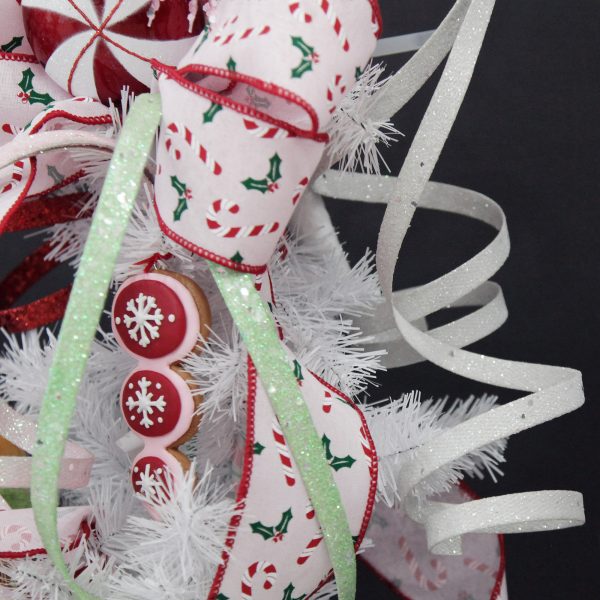 Peppermint Candy Christmas White Glitter Curly Ribbon Christmas Pick Small