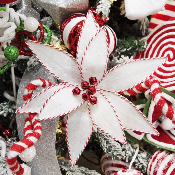 Peppermint Candy Christmas White Glitter Poinsetta Flower Clip with Twine Trim and Bells