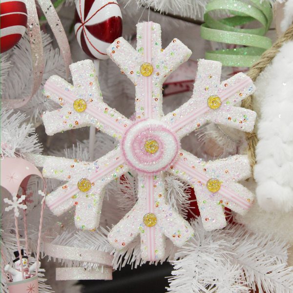 Peppermint Candy Christmas White Glitter Snowflake with Pink Frosting and Sprinkles