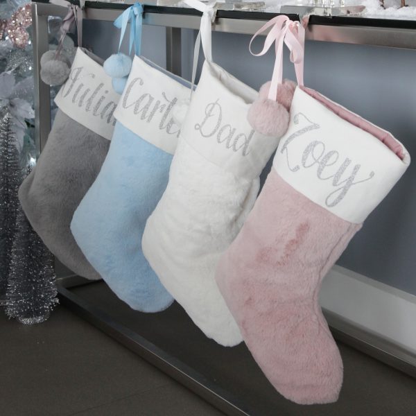 Prettly Little Christmas Personalised Pink White Blue Grey Fur Christmas Stocking with Pom Poms Set