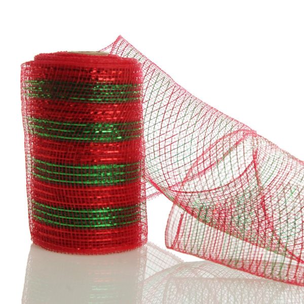 Red and Green Striped Deco Mesh Christmas Ribbon