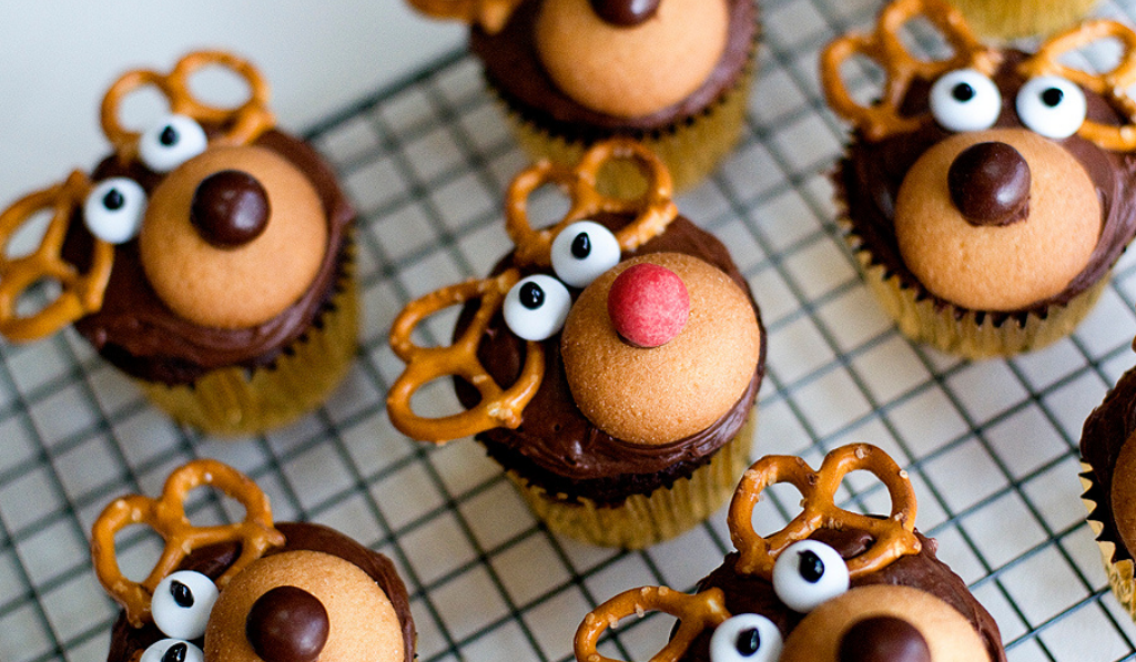 Mini rudolph Cupcake with red nose placed in a screen
