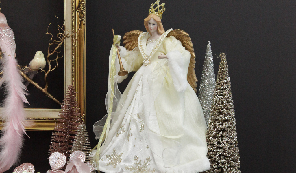 Pink Christmas Dreams Mantle Elegant Ivory and Gold Angel Tree Topper