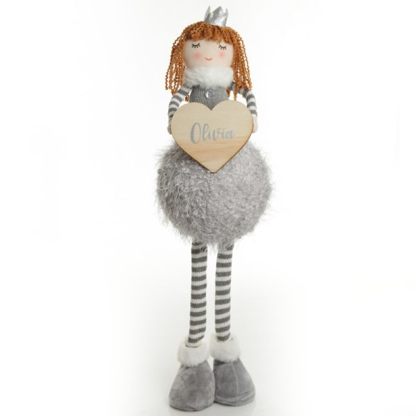 Personalised Standing Grey Angel with Crown and Timber Heart