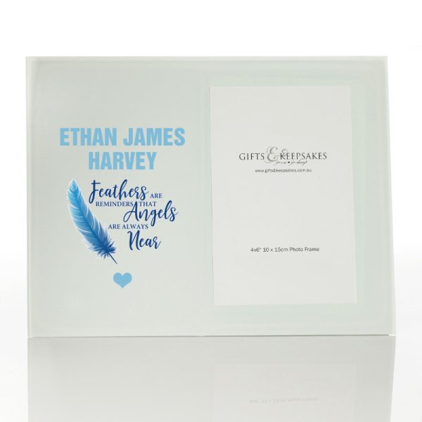 Personalised White Glass Photo Frame Blue Feathers are reminders