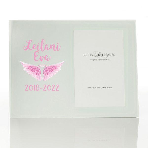 Personalised White Glass Photo Frame Pink angel Wings