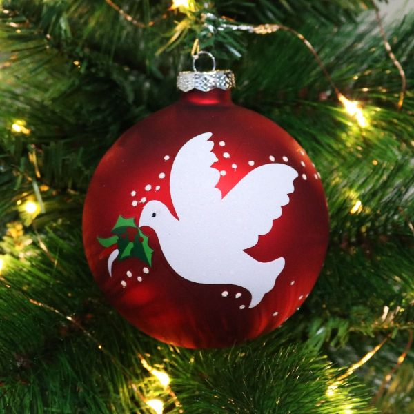 Red Peace Doves Christmas Bauble Hanging in a Christmas Tree