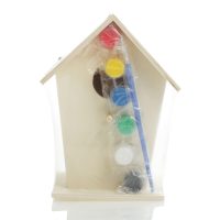 Wooden Birdhouse Craft Kit with red, yellow, blue, green, white , black colour paint