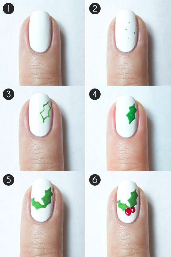 Nails Holly step by step how to add the design showing how to add the leaves and also the red berry