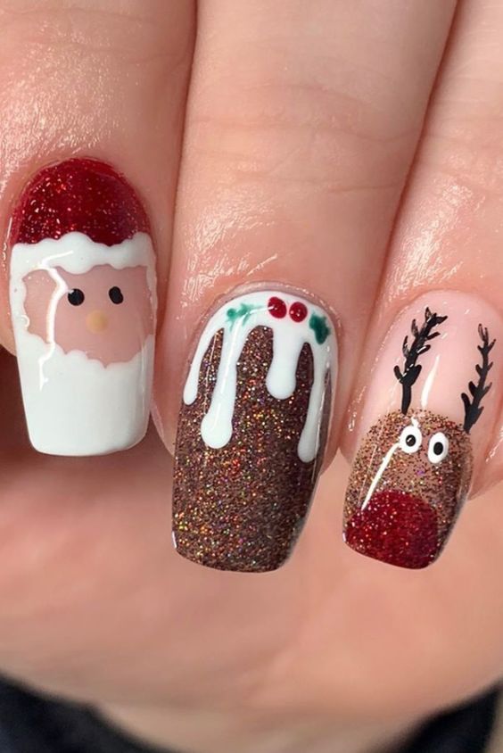 Christmas Nail Design Santa Reindeer and glittery colour