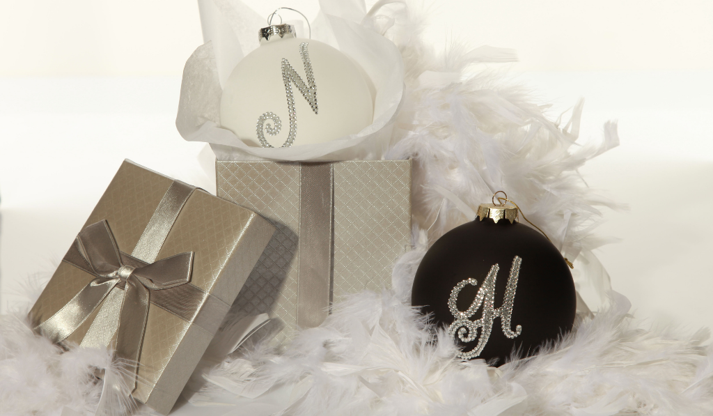 Bling Monogram Baubles Group Black and White with Initial N and H placed in a Metallic Silver Gift Box