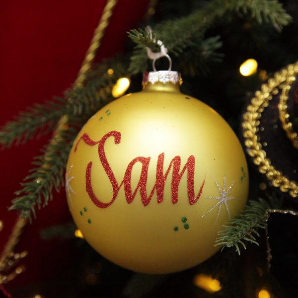 Harlequin Christmas Holiday Tree Personalised Gold Glass Bauble