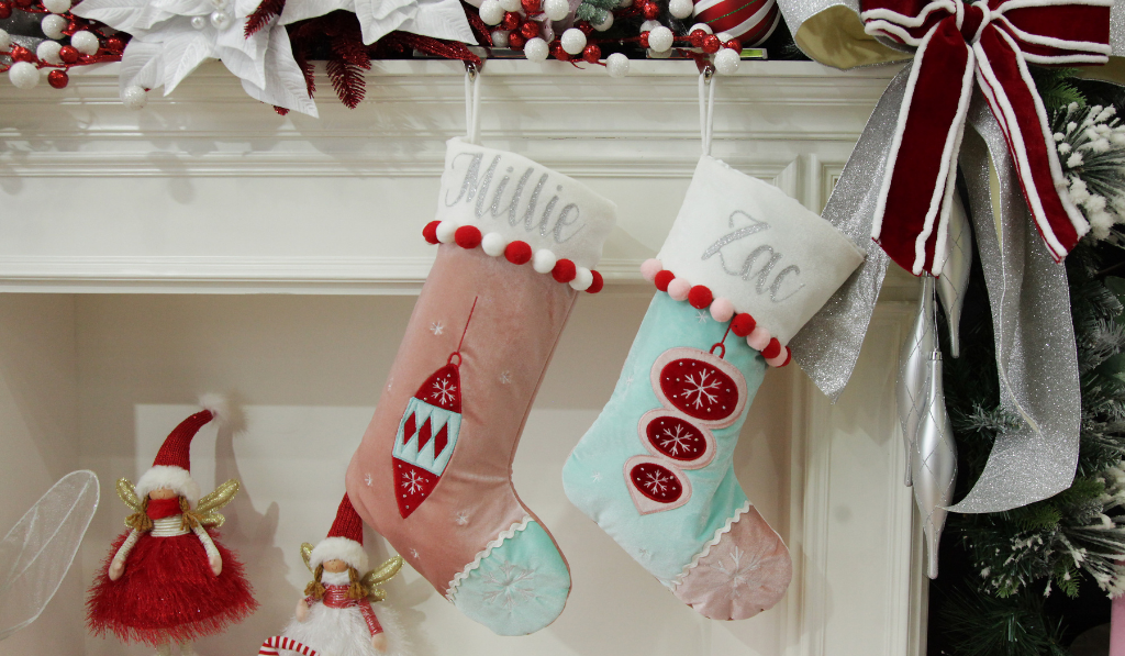 Peppermint Candy Christmas Personalised Peppermint Finial and Bauble Christmas Stockings Feature