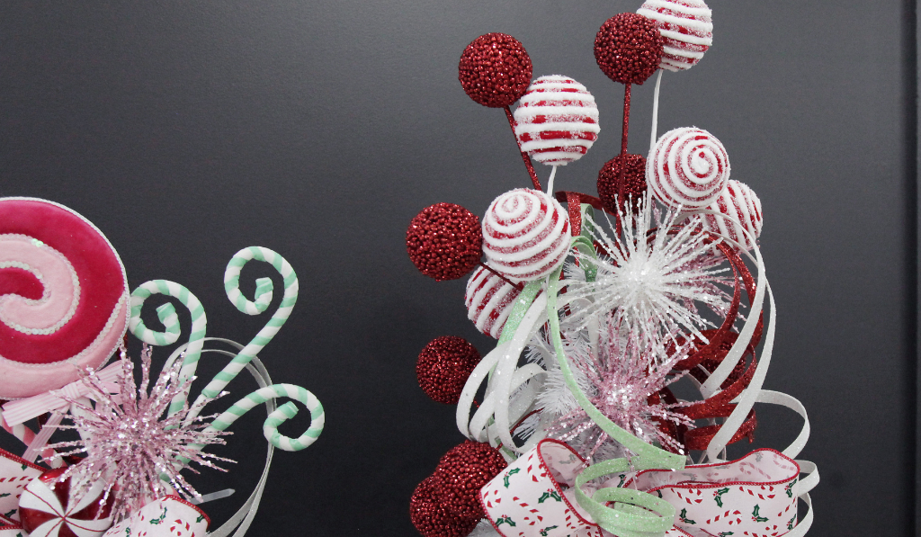 Peppermint Candy Christmas Tree Topper Frosted Candy Cane Ball Pick Header