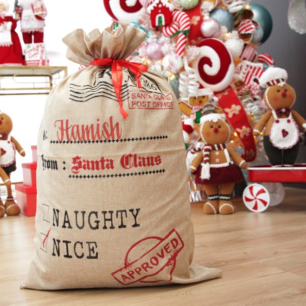 Sweet Gingerbread Christmas Sack Personalised Jute Naughty Nice Santa Sack