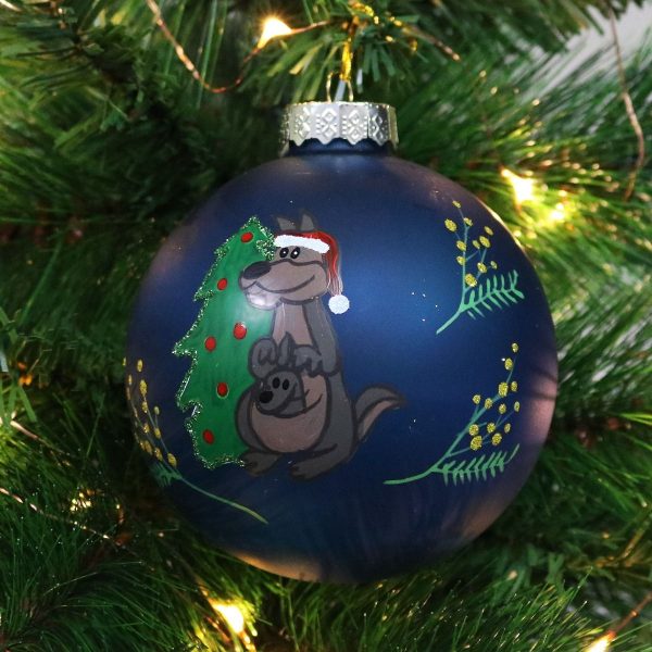 Frosted Blue Australiana Kangaroo Christmas Bauble Hanging in a Christmas tree