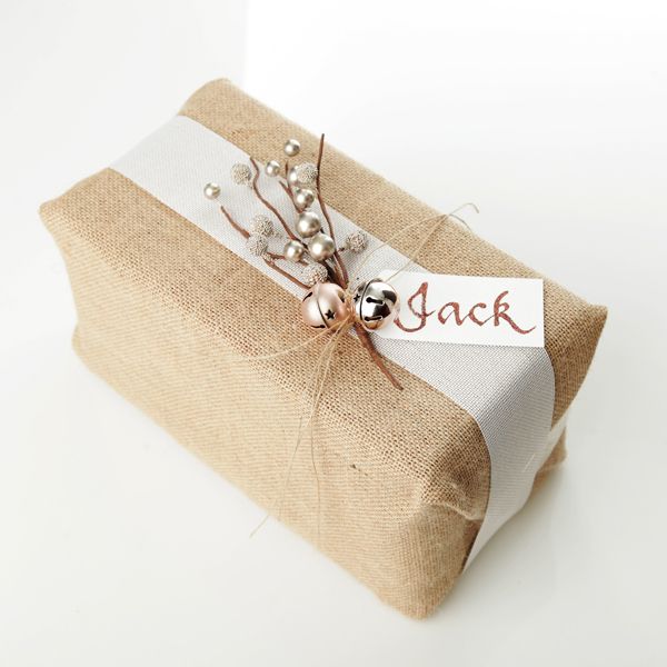 Natural Jute Hessian Sheets Wrapping with silver bell and gift tag named Jack