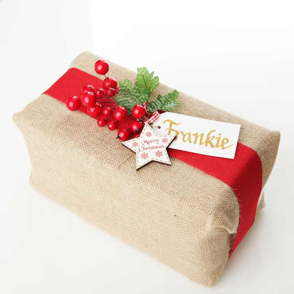 Natural Juste Hessian Sheets wrapping with red berry and gift tag named frankie