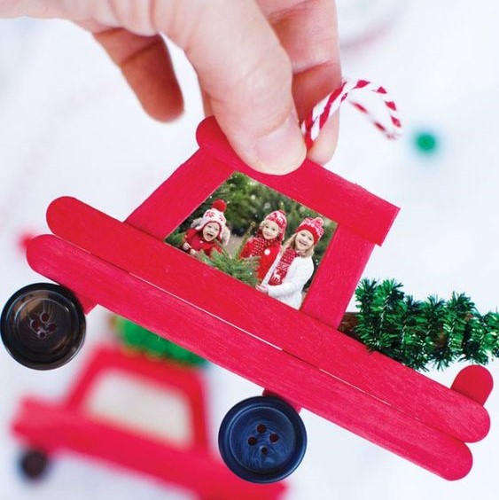 Popsicle Stick truck Photo with 3 little siters with red scarf and red hat