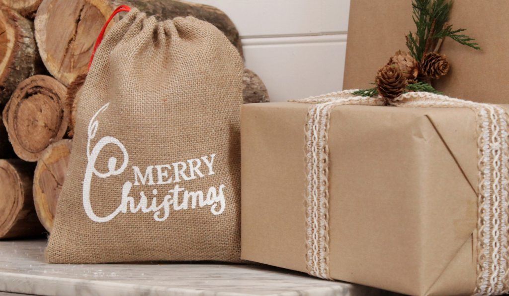 Jute Sack with Printed Design Merry Christmas and brown Gift box