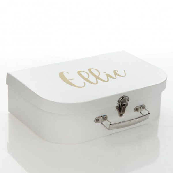 Personalised White Suitcase Keepsake Box Vinyl Name Ellie