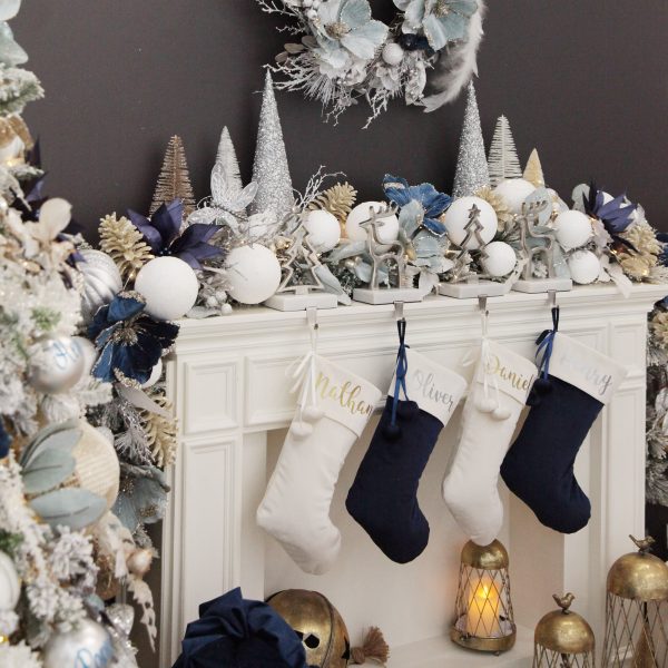 Coastal Chic Christmas Mantle Ivory and Blue Velvet Stocking