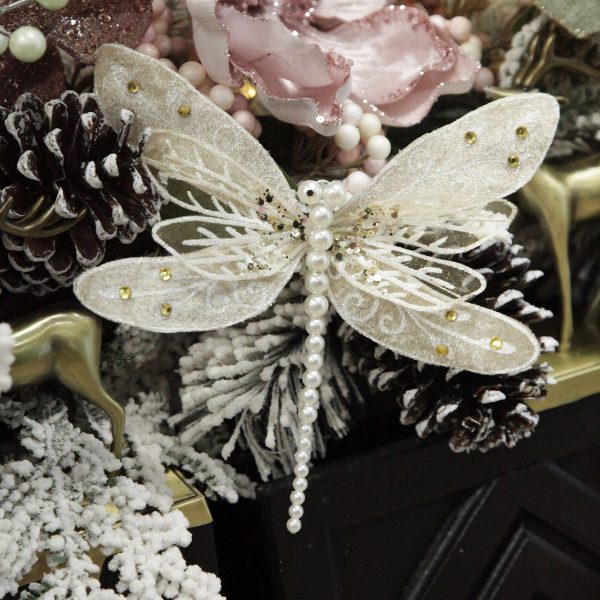 Pink Christmas Dreams Mantle Ivory Gold Dragon Fly Clip