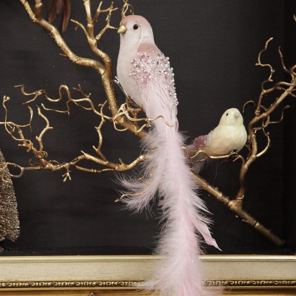 Pink Christmas dreams mantle large velvet pink bird with sequins feather tail