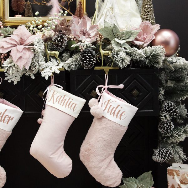 Pink Christmas Dreams Mantle Personalised Pink Stockings with Pom Poms