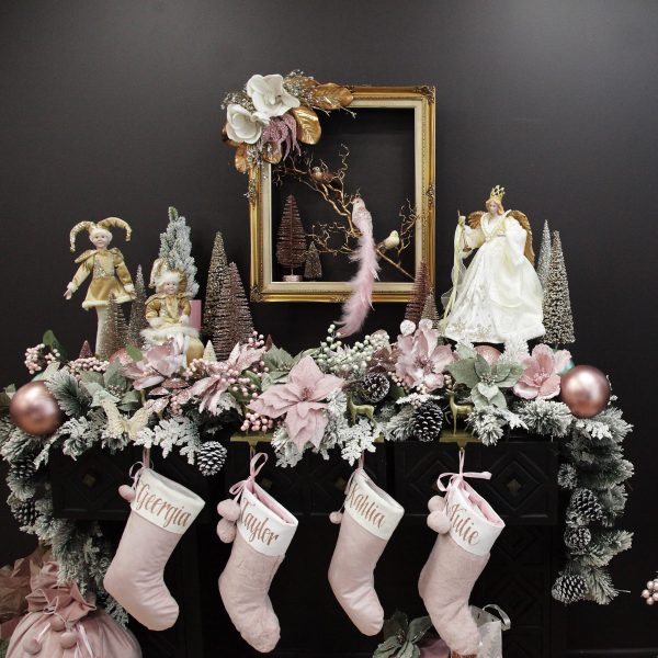 Pink Christmas Dreams Mantle and Tree Decor - with personalised christmas stockings