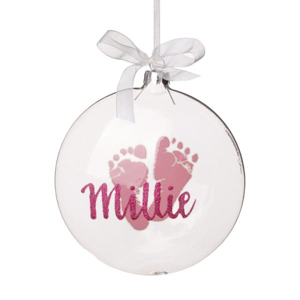 Baby Girl Personalised Glass Decoration Disc Pink Feet