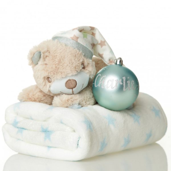 Blue Boy Personalised Bauble Teddy and Blanket Gift