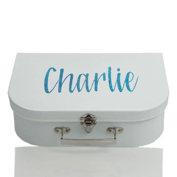 Personalised Blue Suitcase Keepsake Box Top Angle Glitter - Charlie Named