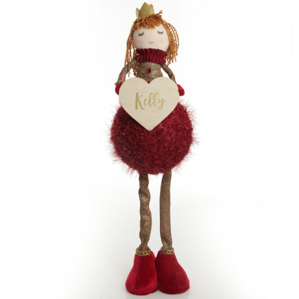Personalised Standing Burgund Angel with Crown and Timber Heart