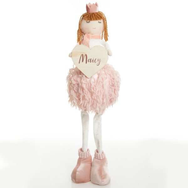 Personalised Standing Pink Angel with Crown and Timber Heart